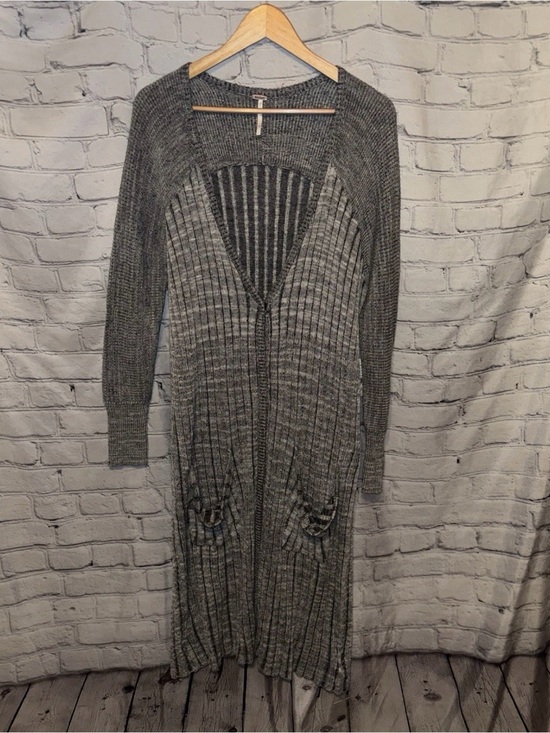Free People Sweaters - Free People Shadow Stripe Pocket Long Cardigan Size L. V Neck Boho Beachy NWT